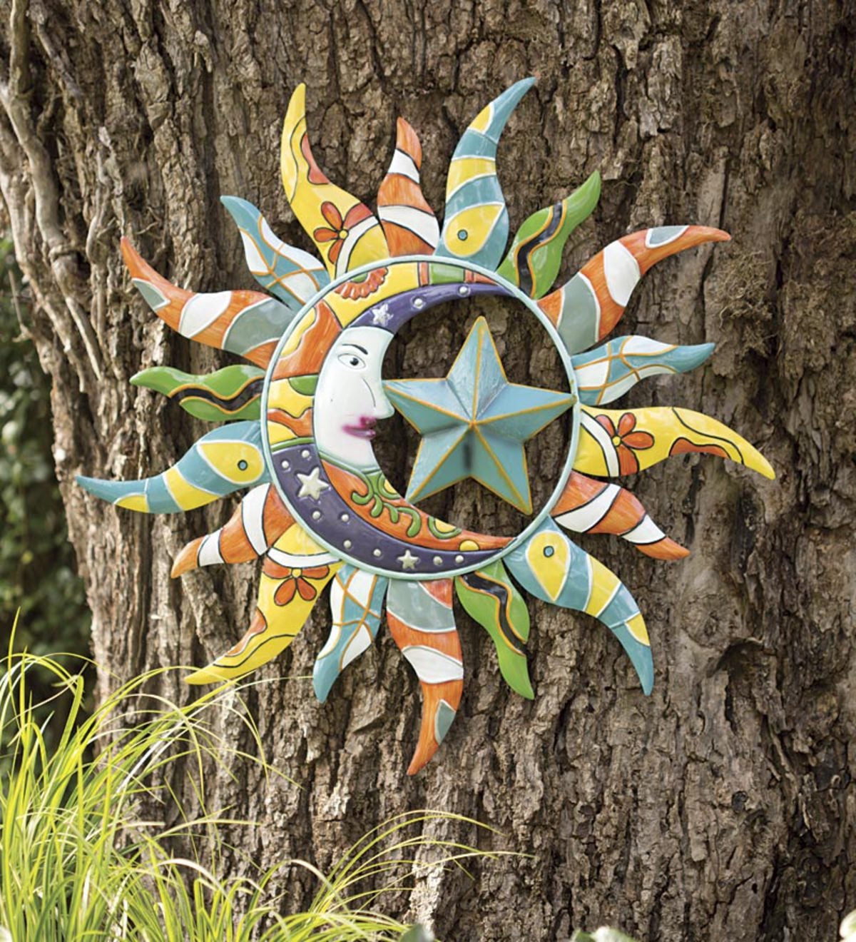 Colorful Metal Talavera Style Sun, Moon And Star Indoor/Outdoor Wall Art  Wind and Weather