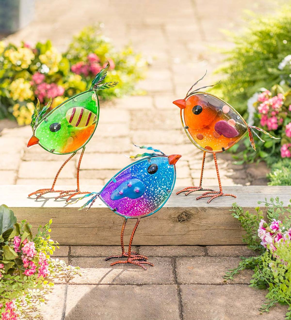 Indoor/Outdoor Metal and Colorful Iridescent Glass Bird Statues, Set of  Wind and Weather