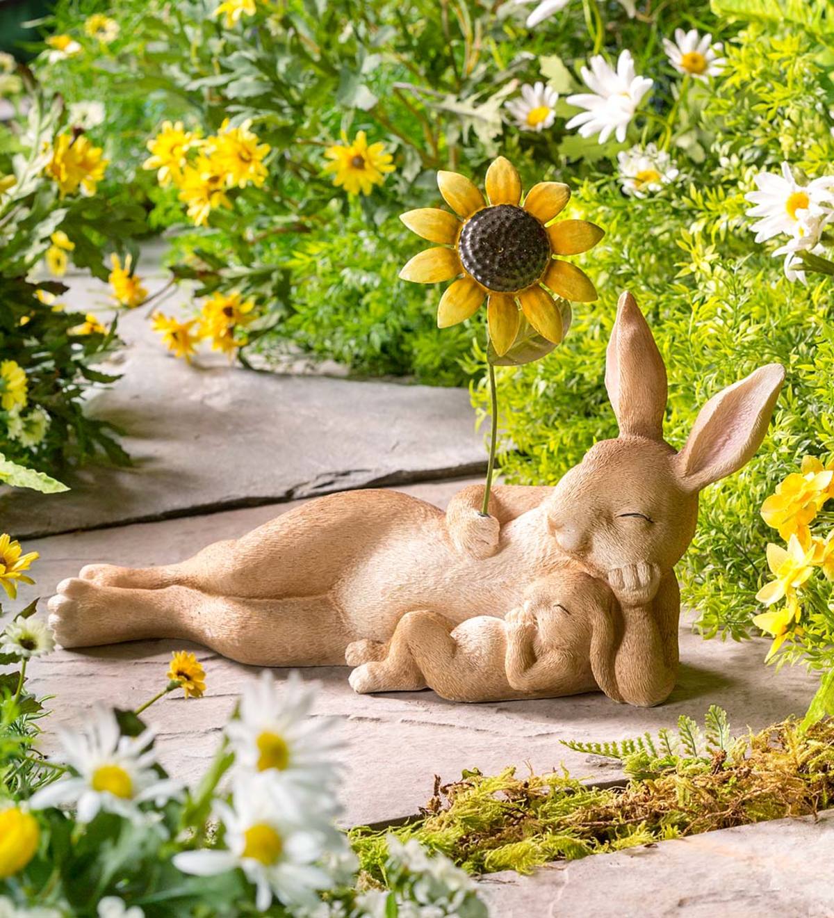 Download Mama And Baby Bunny Lounging With A Sunflower Sculpture Wind And Weather