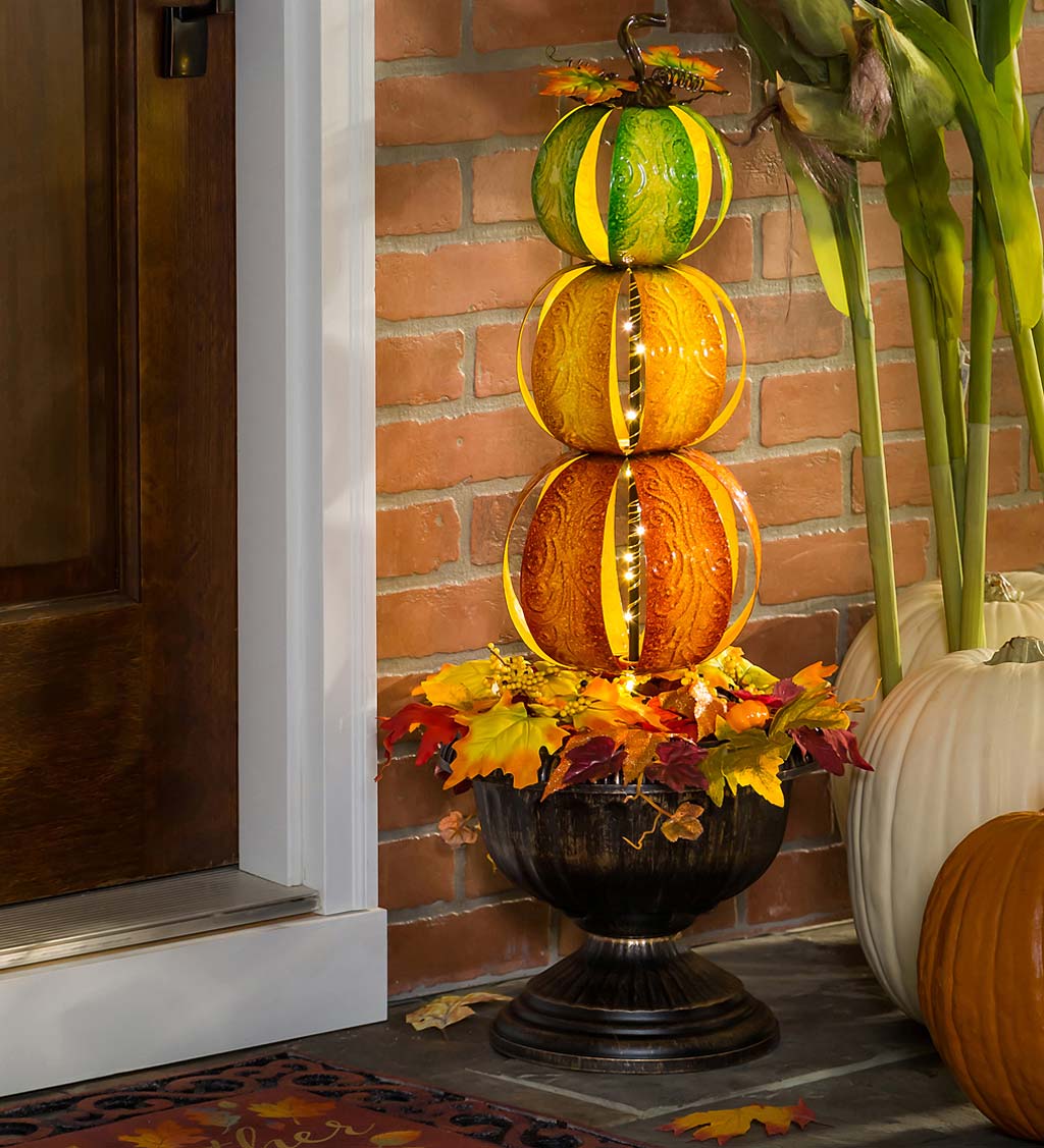 Tall Light-Up Pumpkin Stack in Urn | Wind and Weather