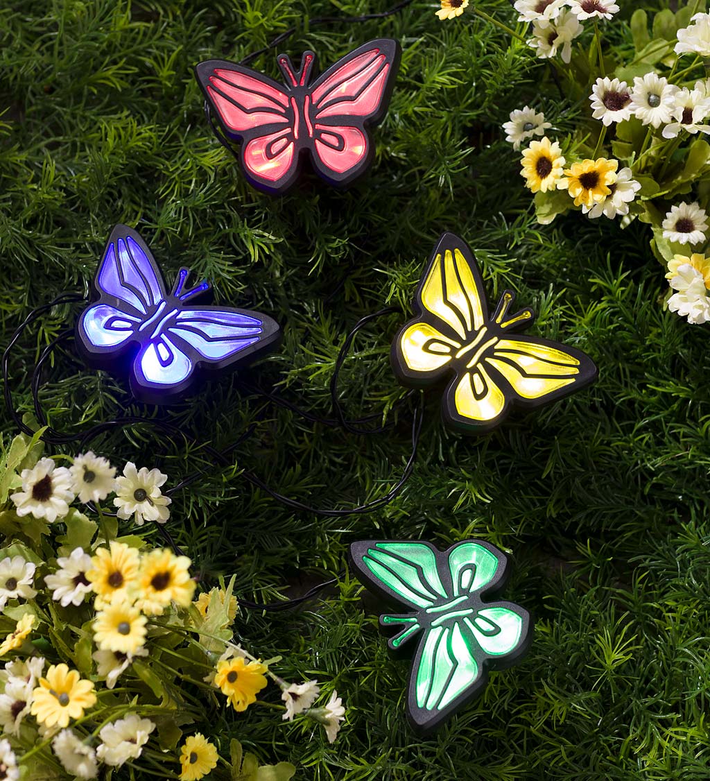 String of Four Solar Lighted Butterfly Garden Stakes with Solar Panel Stake  Wind and Weather