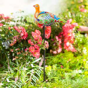 Indoor/Outdoor Metal and Colorful Iridescent Glass Bird Statues, Set of 3